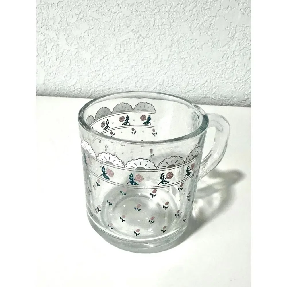 Vintage Anchor Hocking Clear Mug Glass Pink Roses Lace Design Floral with Handle - Picture 5 of 7